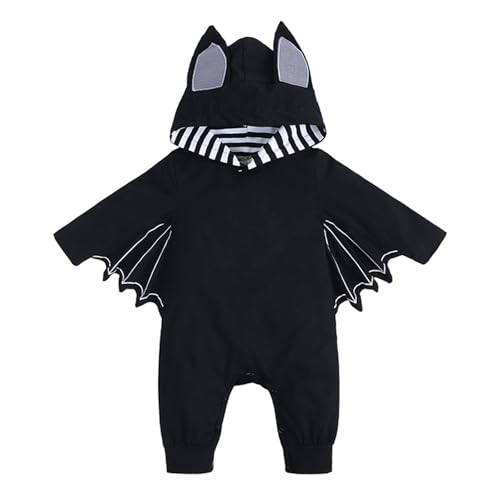 Generisch Halloween Kostüm Baby Fledermaus Langarm Mit Ohrenmütze Als Halloween Kostüm Baby 68 Niedlichen Onesi Strampler Neugeborenen Cosplay Kostüm 0-18 Monate (Black, 6-12 Months) von Generisch