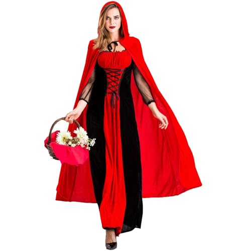 Generisch Halloween Kostüm Damen, Rotkäppchen Kostüm Damen Prinzessinenkleid und Umhang mit Kapuze Gothic Little Riding Hood Kleid Halloween Karneval Kleidung Cosplay Fasching Mottoparty Partykleid von Generisch