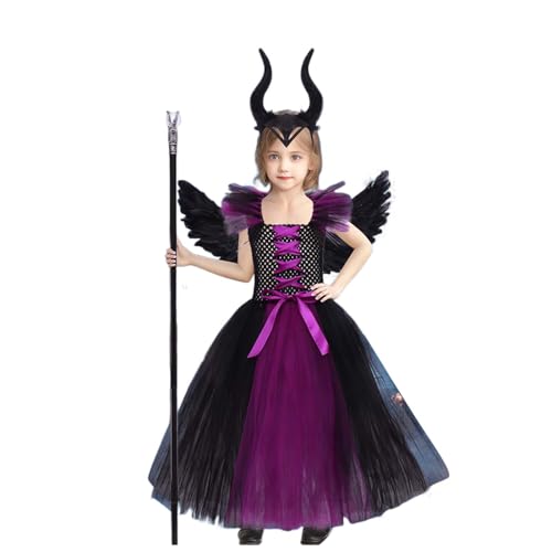 Generisch Halloween Kostüm Kinder, Maleficent Kostüm Mädchen Böse Königin Kleid mit Hörner Haarreif, Schwarze Flügel und Spazierstock Halloween Karneval Verkleidung Partykleid Fasching Outfit von Generisch