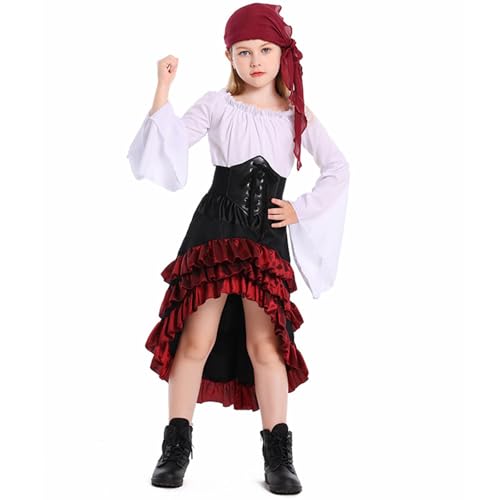 Generisch Halloween Kostüm Kinder, Piratenkostüm Kinder Set Piraten Kostüm Mädchen mit Mittelalter Bluse, Piratenrock, Gürtel und Kopftuch Halloween Karneval Fasching Mottoparty Cosplay Outfit von Generisch