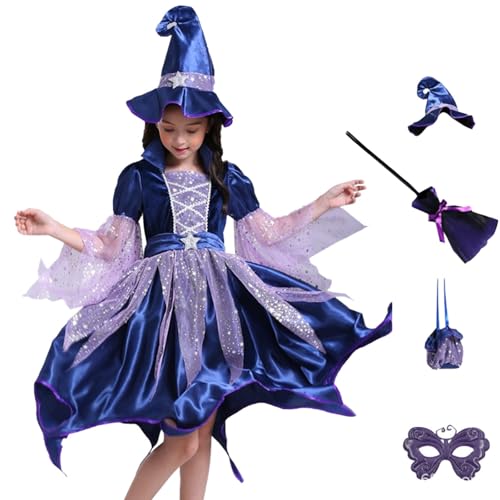 Generisch Halloween Kostüm Kinder 140 Hexenkostüm Lila Karneval Cosplay Kostüme Baumwolle Set Kleid Mit Mütze Und Handtasche Besen Makse Verkleidung Mädchen Costume Kids Girls Fasching Outfit Party von Generisch