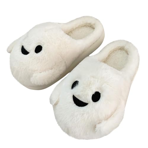 Generisch Halloween Schuhe Damen Winter Hausschuhe Slipper Neu Niedliche Halbe Packung Baumwolle Hausschuhe Männer und Frauen Winter Paar Halloween Warme Filzpantoffeln (White,36) von Generisch