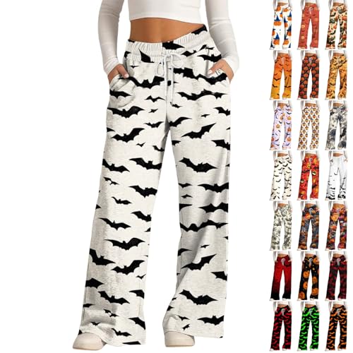 Generisch Halloween Strumpfhose, Weiße Hose Damen, Jogginghose Halloween Hose Baggy Kostüm Sporthose Lang Trainingshose Yogahose Lockere Bequem Sweatpants Weites Bein Freizeithose Laufhose Sweathose von Generisch