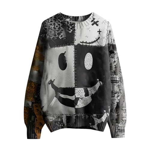 Generisch Halloween Sweatshirt Für Herren Lustiges Kürbisgesicht Kostüm Pullover Tops Farbblock-Shirt Langärmelig Modisch Vintage-Stil Rundhalsausschnitt(Z22-Black, XXXXXL) von Generisch