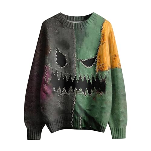 Generisch Halloween Sweatshirt Für Herren Lustiges Kürbisgesicht Kostüm Pullover Tops Farbblock-Shirt Langärmelig Modisch Vintage-Stil Rundhalsausschnitt(Z23-Green, XL) von Generisch