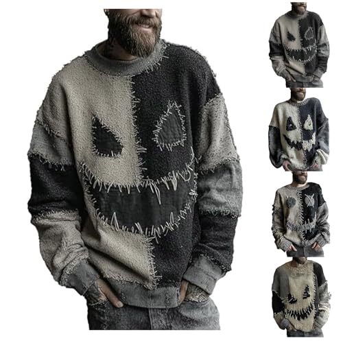 Generisch Halloween Sweatshirt Für Herren Lustiges Kürbisgesicht Kostüm Pullover Tops Farbblock-Shirt Langärmelig Modisch Vintage-Stil Rundhalsausschnitt Grey XXXXXL von Generisch