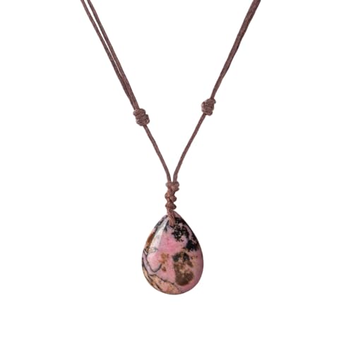 Generisch Halskette Edelstein,Handgewebte Verstellbare Halskette Mit Anhänger Aus Naturstein In Tropfenform Aus Wachsseil, Energieschmuck Für Männer Und Frauen Rhodonit von Generisch