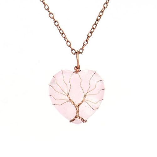 Generisch Halskette Edelstein,Verstellbare Antike Kupferkette, Modischer Natürlicher Edelsteinkristall, Handgewickelter Pfirsichherz-Anhänger, Energieschmuck Für Männer Und Frauen, Rosenquarz von Generisch