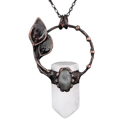 Generisch Halskette mit Sechseckigem, Spitzem Halter Aus Natürlichem Kristall, Kupferner Kreis-Geo- Anhänger mit Silberkette, Ovaler Labradorit-Halsreif, Neuartiger Schmuck für Frauen Und Männer, Wei von Generisch