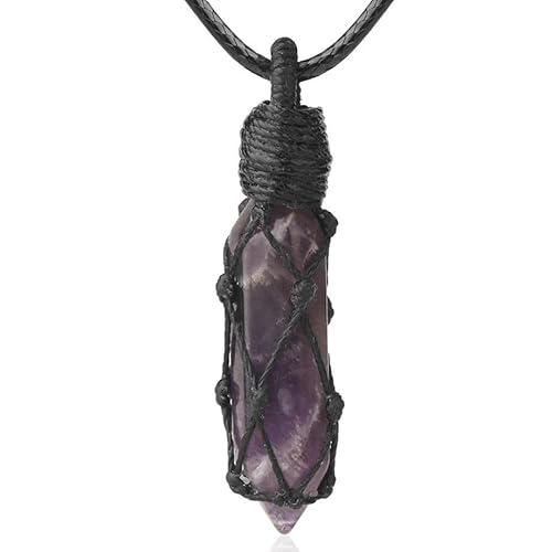 Generisch Halskette mit Sechseckigem Stein und Spitzem Edelsteinkristall|Seilwickelanhänger mit Pu-Kette,Charm,Amulett,Halsband,Schmuck,Geschenke,Amethyst von Generisch