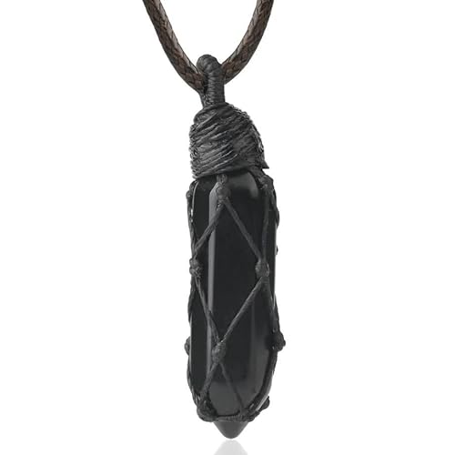 Generisch Halskette mit Sechseckigem Stein und Spitzem Edelsteinkristall|Seilwickelanhänger mit Pu-Kette,Charm,Amulett,Halsband,Schmuck,Geschenke,Obsidian von Generisch