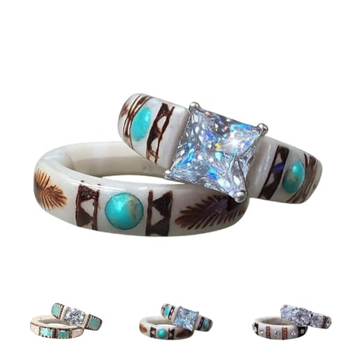 Generisch Hand Carved Antler Ring, Boho Turquoise Feather Set, One-of-a-kind Designs, Unisex, Unique Designs (Set-A,7) von Generisch