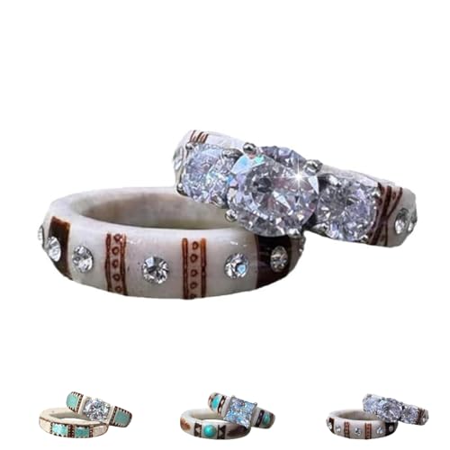 Generisch Hand Carved Antler Ring, Boho Turquoise Feather Set, One-of-a-kind Designs, Unisex, Unique Designs (Set-B,11) von Generisch
