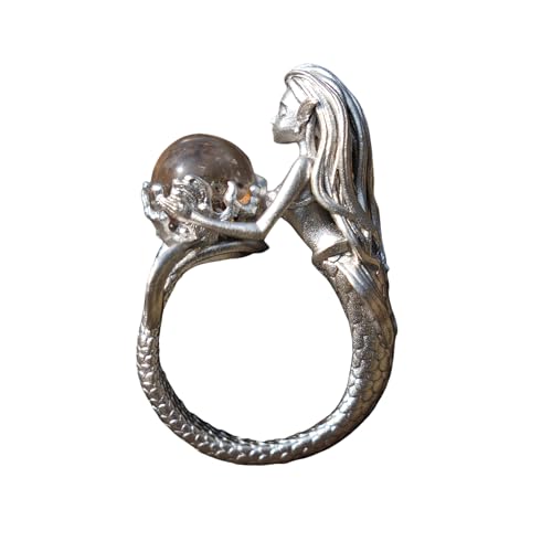 Generisch Handgefertigter 925er Silber Meerjungfrauen-Ring mit natürlicher Phantom-Quarz Kugel – skulpturales Design, mystischer Fantasy-Look (5.5) von Generisch