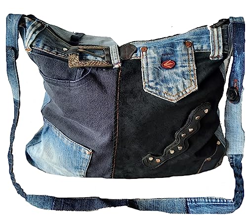 Generisch Handmade Boho Denim Upcycling Damen Jeans Handtasche Unikat Recycle Woman Bag Einzelstück Umhänge handgenähte Tasche Bohemian von Generisch