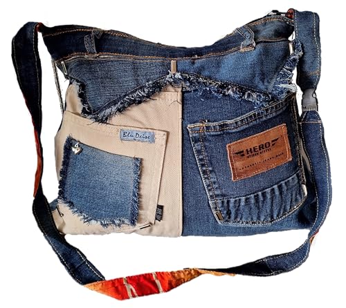 Generisch Handmade Boho Upcycling Damen Jeans Handtasche Unikat Recycle Woman Bag Einzelstück handgenähte Tasche Bohemian JK3 von Generisch