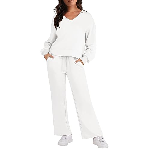 Generisch Hausanzug Damen, Jogginganzug Set Zweiteiler Sport Outfit Trainingsanzug Damen Hoodie Jogger Skianzug Jumpsuit Kuschelig Elegant Große Größen Jogginghose Set (XL, Weiß) von Generisch