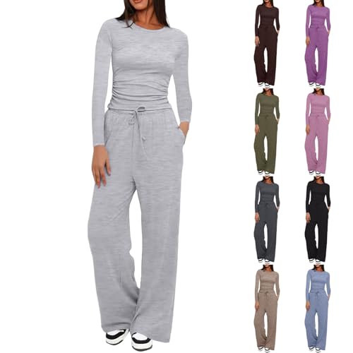 Generisch Hausanzug Damen 2 Teiler Lounge Set Jogginganzug Y2K Sportanzug mit Langarm Oberteil Schlaghosen Slim Fit Einfarbige Trainingsanzug Freizeitanzug Tracksuit für Jogging Yoga von Generisch