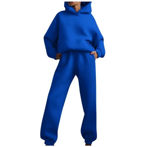 Generisch Hausanzug Damen Baumwolle, Jogginganzug Set Mode Solide Farbe Trainingsanzug Baumwolle Jogginghose Sport Zweiteiliges Set Sweatshirt Mit Kapuze Loungewear Kurzgrößen Outfit (M, Dark Blue) von Generisch