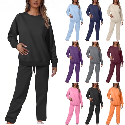 Generisch Hausanzug Damen Casual Zweiteiler Lounge Set Kuschelig Sweatshirt und Hose Kleidung Baumwolle Pyjama 2 Teiler Freizeitanzug Frauen 2025 Outfit Tracksuit Jogginganzug Loungewear Schwarz XL von Generisch