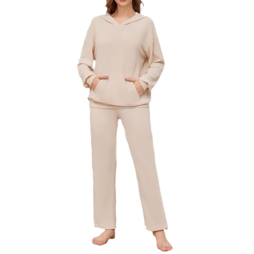Generisch Hausanzug Damen Kuschelig Mit Kapuze Waffel Hosenanzug Damen Elegant Winter 2 Teiler Loungewear Damen Set Anzug Frauen 2 Teilig Weites Bein Freizeitanzug Zweiteiler Langarm Homewear Set von Generisch