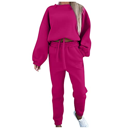 Generisch Hausanzug Damen Kuschelig Warm Winter, Jogginganzug Set Zweiteiler Sport Outfit Trainingsanzug Hoodie Jogger Set Pyjama Dresy Damskie Gefütterte Jogginghose(XL, Hot Pink) von Generisch