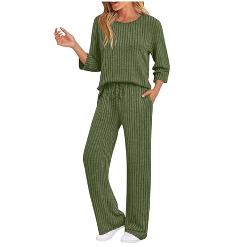 Generisch Hausanzug Damen Loungewear Set Elegant Zweiteiler 3/4 Arm Pullover und Hose Kuschel Schlafanzug Lang Freizeitanzug Bequeme Lounge Pyjama Frauen 2025 Outfit 2 Teiler Homewear Armeegrün S von Generisch