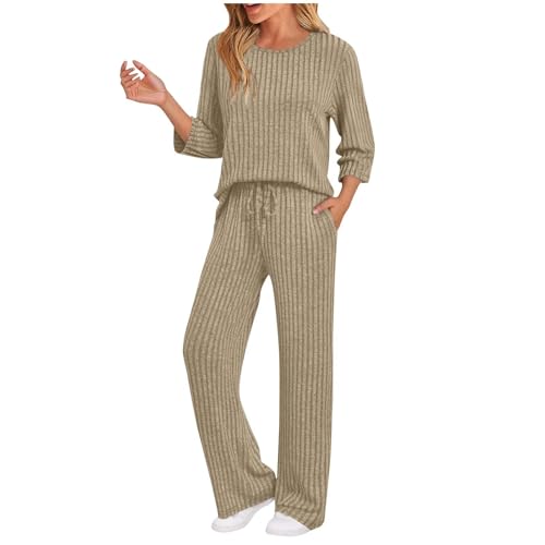 Generisch Hausanzug Damen Loungewear Set Elegant Zweiteiler 3/4 Arm Pullover und Hose Kuschel Schlafanzug Lang Freizeitanzug Bequeme Lounge Pyjama Frauen 2025 Outfit 2 Teiler Homewear Beige L von Generisch