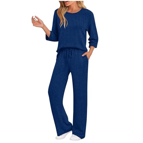 Generisch Hausanzug Damen Loungewear Set Elegant Zweiteiler 3/4 Arm Pullover und Hose Kuschel Schlafanzug Lang Freizeitanzug Bequeme Lounge Pyjama Frauen 2025 Outfit 2 Teiler Homewear Blau M von Generisch