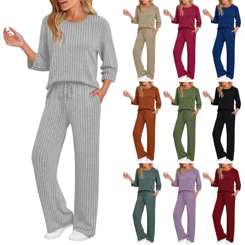 Generisch Hausanzug Damen Loungewear Set Elegant Zweiteiler 3/4 Arm Pullover und Hose Kuschel Schlafanzug Lang Freizeitanzug Bequeme Lounge Pyjama Frauen 2025 Outfit 2 Teiler Homewear Grau L von Generisch