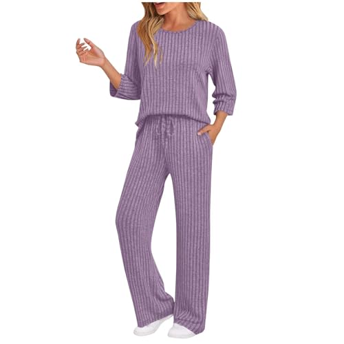 Generisch Hausanzug Damen Loungewear Set Elegant Zweiteiler 3/4 Arm Pullover und Hose Kuschel Schlafanzug Lang Freizeitanzug Bequeme Lounge Pyjama Frauen 2025 Outfit 2 Teiler Homewear Lila L von Generisch