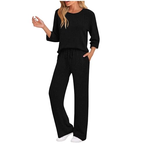 Generisch Hausanzug Damen Loungewear Set Elegant Zweiteiler 3/4 Arm Pullover und Hose Kuschel Schlafanzug Lang Freizeitanzug Bequeme Lounge Pyjama Frauen 2025 Outfit 2 Teiler Homewear Schwarz XL von Generisch