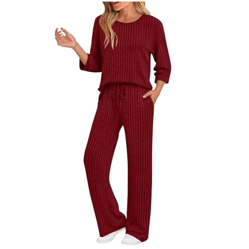 Generisch Hausanzug Damen Loungewear Set Elegant Zweiteiler 3/4 Arm Pullover und Hose Kuschel Schlafanzug Lang Freizeitanzug Bequeme Lounge Pyjama Frauen 2025 Outfit 2 Teiler Homewear Weinrot S von Generisch