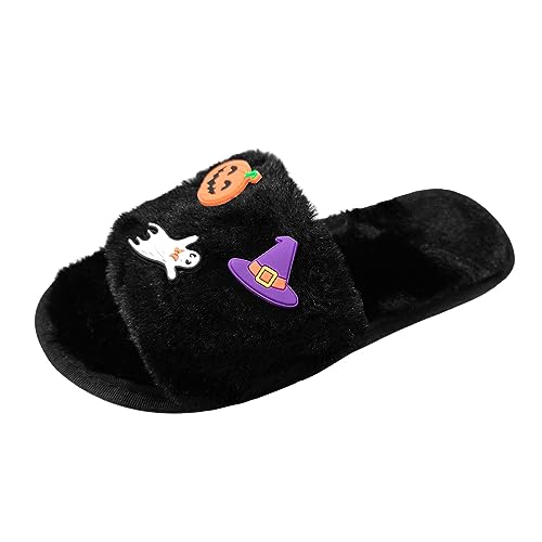 Generisch Hausschuhe Damen/Kinder -Winter-Halloween-Plüsch-Hausschuhe Baumwolle mit offener Zehenpartie und flachem Boden Weiße Sneaker Schuhe Damen 39 (Black, 39) von Generisch