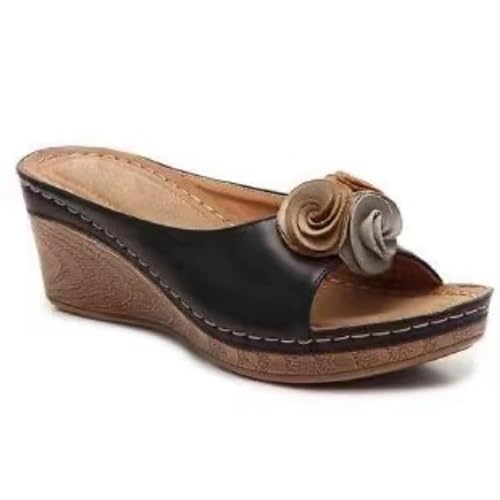 Generisch Hausschuhe Damen Sommer, Schlappen Damen Schwarz Elegant Modische Damenpantoletten Lässige Abendschuhe Atmungsaktive Hohe Schuhe Leichte Sommerschuhe Slippers Keilabsatz Punmps Boho von Generisch