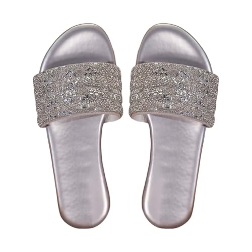 Generisch Hausschuhe Damen Sommer Glitzer Offene Pantoletten Slip-On Sandalen Mit Strass Leicht Schlappen Ein Riemen Sommersandalen Flach Bequem Strandpantoffeln Atmungsaktiv Sommersandalen Gr.36-43 von Generisch