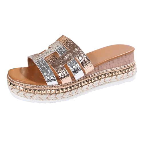 Generisch Hausschuhe Damen Sommer Plateau Sandaletten Leicht Freizeit Strandschuhe Mode Leder Sandalen Bohemia Sandals mit Strass Offene Zehen Freizeitsandale Elegant Bequem Keilsandalen von Generisch