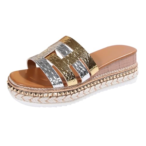 Generisch Hausschuhe Damen Sommer Plateau Sandaletten Leicht Freizeit Strandschuhe Mode Leder Sandalen Bohemia Sandals mit Strass Offene Zehen Freizeitsandale Elegant Bequem Keilsandalen von Generisch
