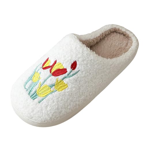 Generisch Hausschuhe Damen Winter Warme Slippers Flauschige Pantoffeln Frauen Blumen Stickerei Haus Schuhe Rutschfest Hallenschuhe Winterhausschuhe Damenhausschuhe Flaumig Slippers für Outdoor/Indoor von Generisch