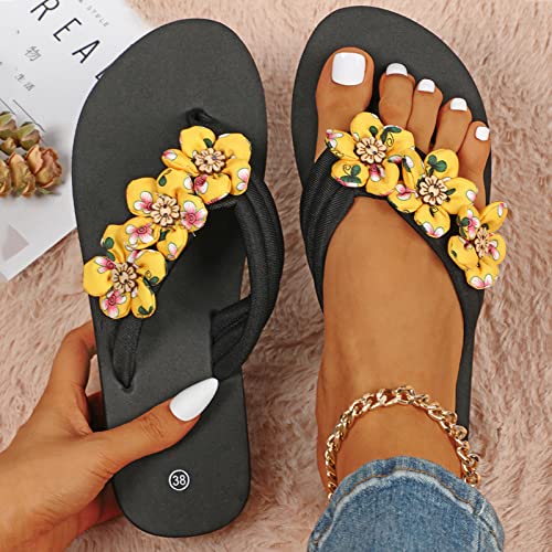 Generisch Hausschuhe für Damen Damen Sommer Flip Flops Open Toe Blumen Bohemian Sandalen Freizeitschuhe (Yellow, 42) von Generisch