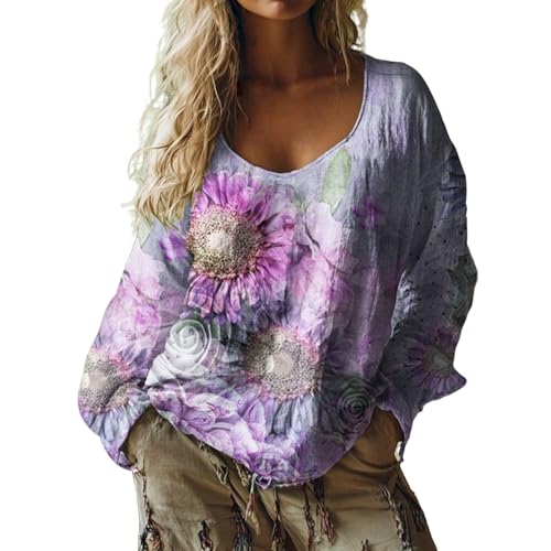 Generisch Haute Hippie blusen-Hippie Bluse Frauen Sommer Langarm V-Ausschnitt Vintage-Stil Boho Blumenhemd mit lockere Blumenmuster Tunika Damen-Oberteil Blusenshirt Ausgefallene Strandhemd von Generisch