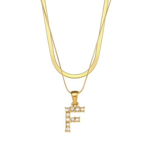 Generisch Heilkristall-Halskette, Edelstahl, 18 Karat vergoldet, Doppelkette, Buchstabe F, Halskette mit natürlichem Edelsteinanhänger für Männer, Frauen und Paare von Generisch