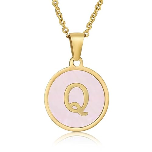 Generisch Heilkristall-Halskette, Titanstahl, natürliche rosa Muschel, Buchstabe Q, Halskette mit natürlichem Edelstein-Anhänger, Schmuck für Männer, Frauen und Paare von Generisch