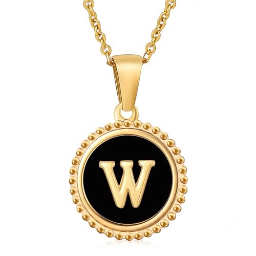 Generisch Heilkristall-Halskette, schwarze runde Halskette aus Titanstahl mit dem Buchstaben W, natürlicher Edelstein-Anhänger, Schmuck für Männer, Frauen und Paare von Generisch