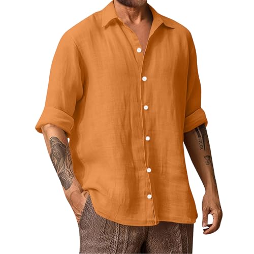 Generisch Hemd, Herren Langarm Button Down Shirts Casual Freizeithemd Regular Fit Einfarbig Manschettenknöpfe Hemd (5XL, Orange) von Generisch
