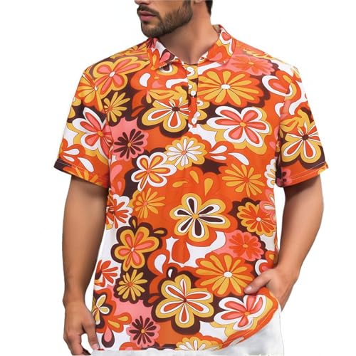 Generisch Hemd 70Er Jahre Herren Coole Stehkragenhemd Modische Freizeitshirt Retro Blumen Kurzarmhemd Kurzarm Bedruckte Sommerhemd Hippies 70Er Floral Hemd Große Größen Herrenhemden Oberhemden von Generisch