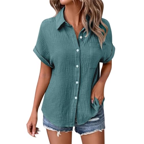Generisch Hemd Bluse für Damen Elegant Tuniken Sommer Weich Oberteile Kurzarm Leinenbluse Bequem Musselin Longbluse Oversized Hemdbluse Lässig für Leggings von Generisch