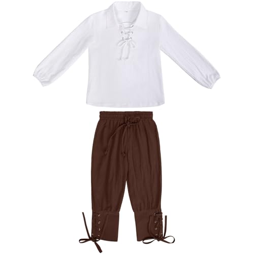 Generisch Hemd Body Mittelalterliches Set für Jungen, Hemd, Knöchelhose, Schottische Jakobiten-Oberteile Hosen Hemden,Halloween-Kostüm für Kinder, (Brown, 120) von Generisch