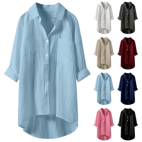 Generisch Hemd Damen,Musselin Bluse Leinen Baumwolle Longbluse Hemd Elegant Button-Down Tunika Lässiges Atmungsaktive Freizeithemd Blusen Oversized Lose Shirts Mit Brusttaschen von Generisch