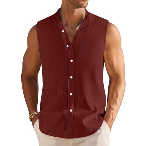 Generisch Hemd Herren Ärmellos Sommer Tank Top Sommer Einfarbig Leinenhemd mit Knopfleiste Ohne Ärmel Freizeithemden Oberteil Basic Weste Herrenhemd Arbeitsshirt Tankshirt Leicht Atmungsaktiv von Generisch